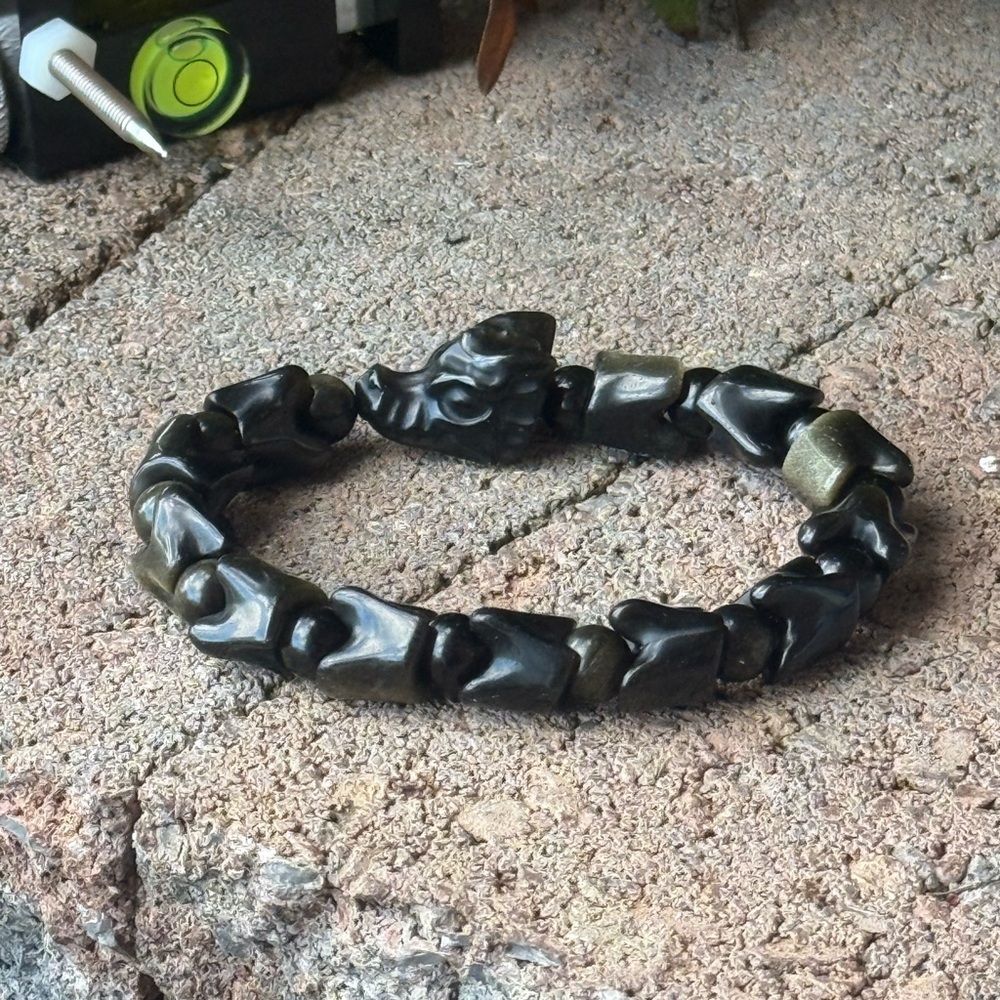 Gold Obsidian Carved Dragon Stretch Bracelet - Unisex